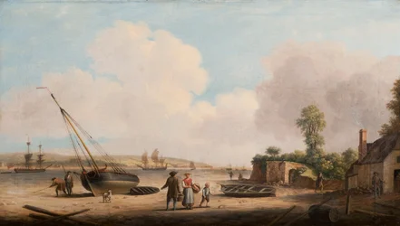 Vista de Gravesend con un barco de pesca varado y embarcaciones en el estuario, 1770